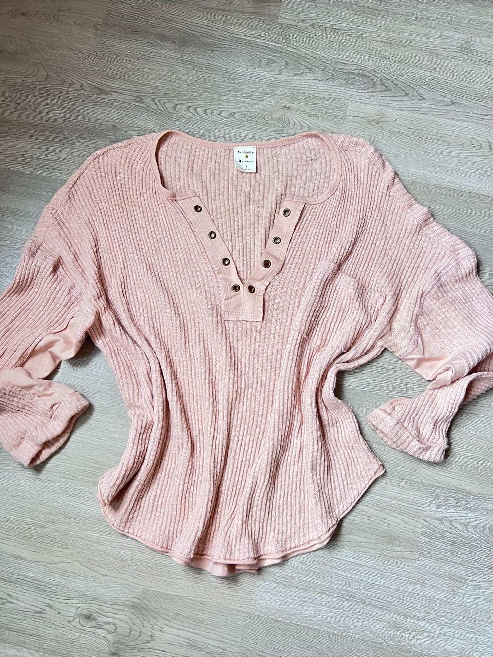 Vici Blush Tan Ribbed Henley Long Sleeve Top